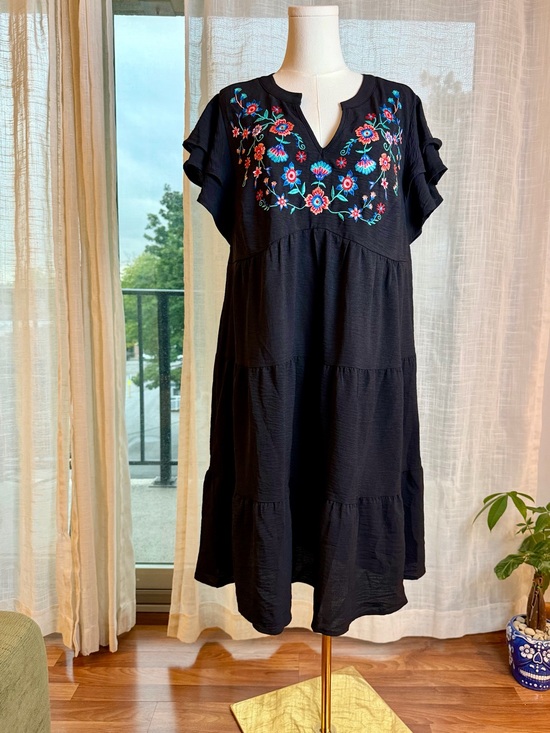 BloomChic Dresses & Skirts - BloomChic Black Midi Dress with Multicolor Floral Embroidery